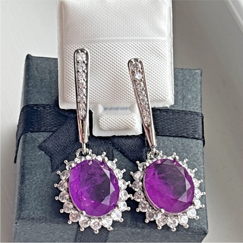 White Gold Plated Purple Ruby Halo Drop Earrings | Statement Bridal Prom Jewelry
